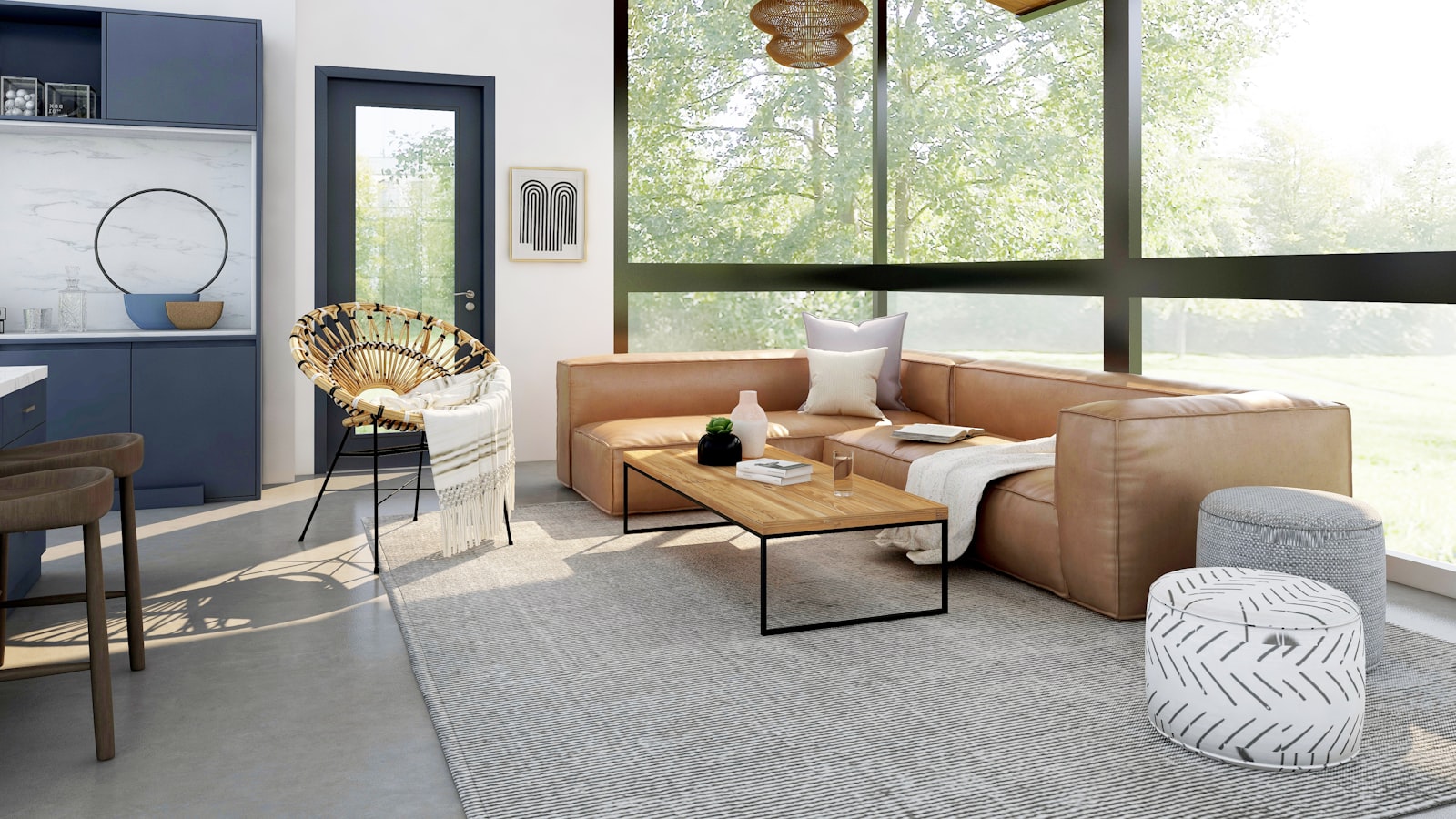 A balanced living room layout with a sofa, chairs, and rug arranged around a focal point