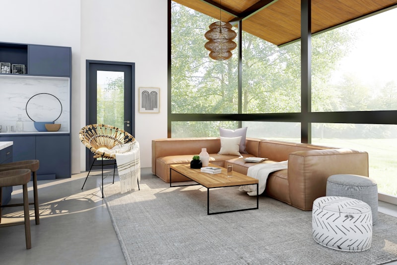 A balanced living room layout with a sofa, chairs, and rug arranged around a focal point
