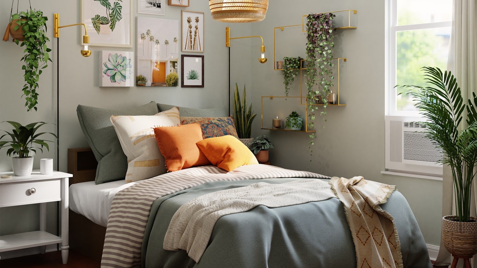 A pendant light and table lamp glowing warmly in a softly lit living room at dusk.