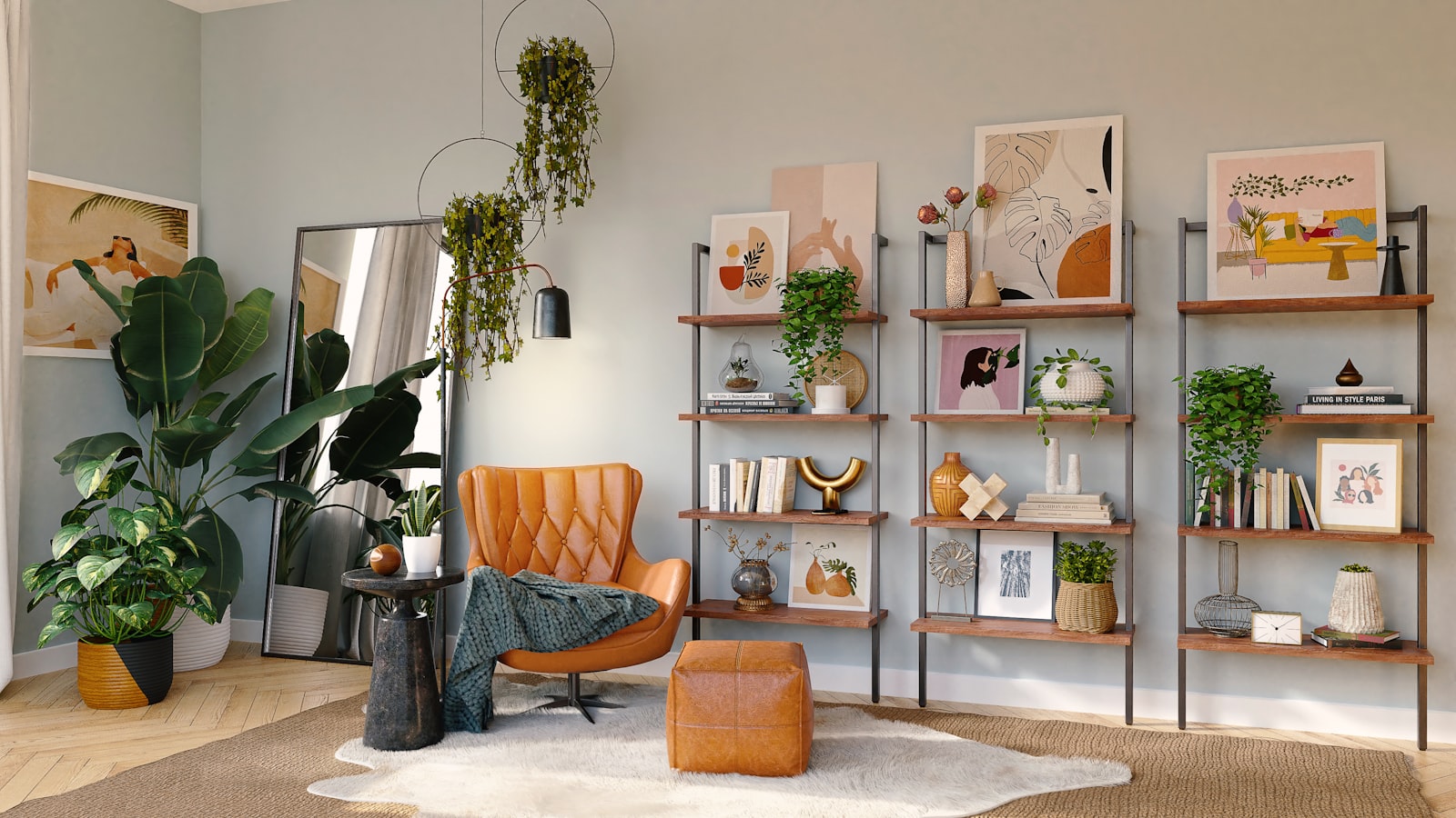 A cozy living room with a large textured rug grounding the sofa and chairs, front legs resting on the rug.
