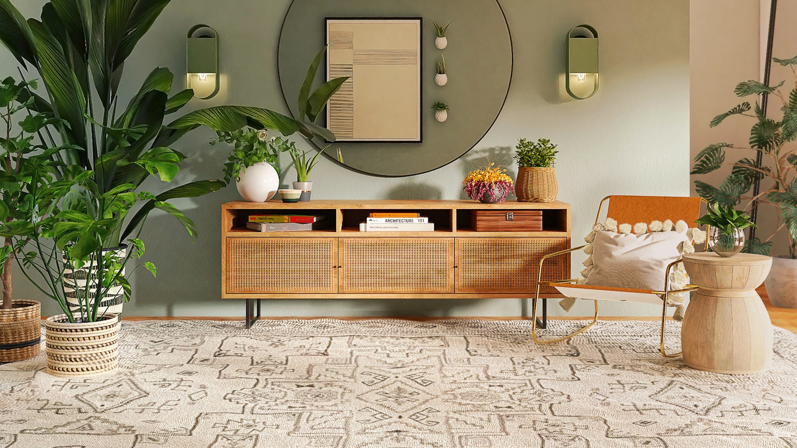 A welcoming living room blending natural wood, soft textiles, and a few personal objects that reflect the owner's taste